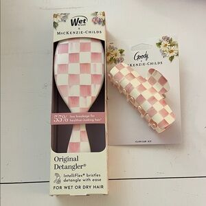 MacKenzie-Childs Pink and White Hair Brush and Claw Clip Set